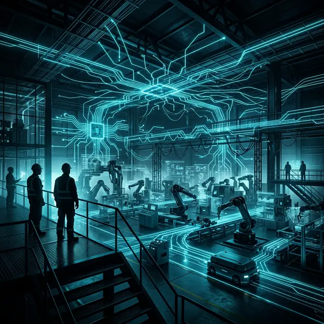 Fabbrica intelligente con rete neurale luminosa che connette macchinari